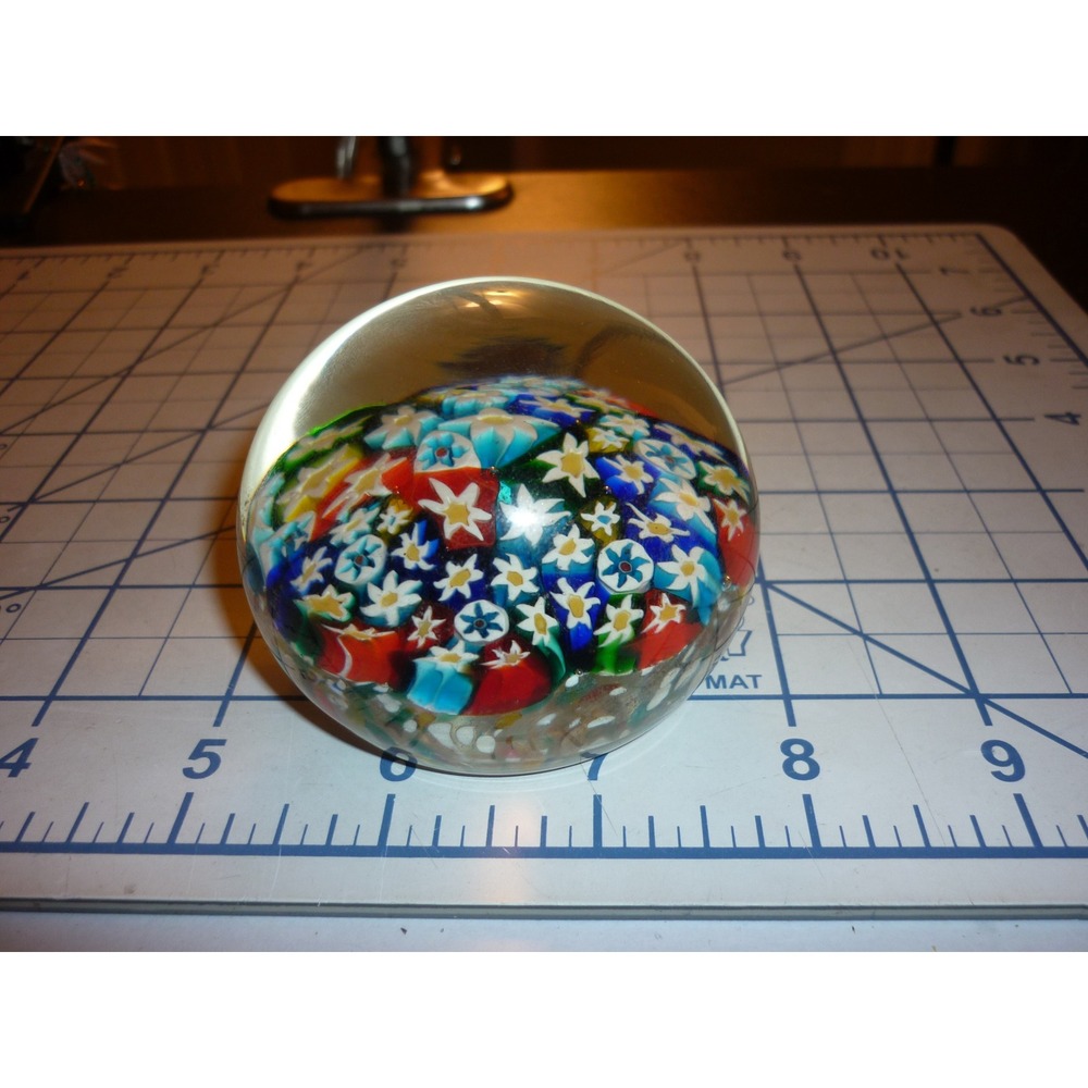 Vintage Millefiori Art Glass Paperweight Multi Color Floral Cane Round Dome 2.5"